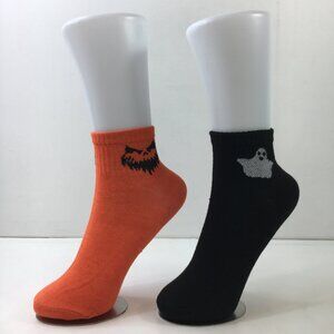 Womens Crew Socks Set 2 Halloween Jack-o-Lantern Face Ghost Orange Black White